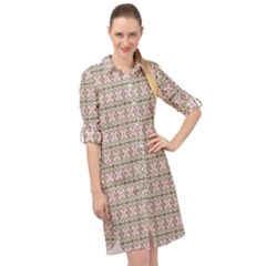 A Pink And Brown Pattern On A White Background Long Sleeve Mini Shirt Dress by catchydesignhill