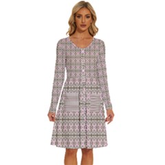 A Pink And Brown Pattern On A White Background Long Sleeve Dress With Pocket by catchydesignhill