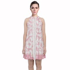 A Pink And White Striped Background Velvet Halter Neckline Dress 