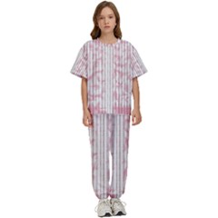 A Pink And White Striped Background Kids  T-shirt And Pants Sports Set by catchydesignhill