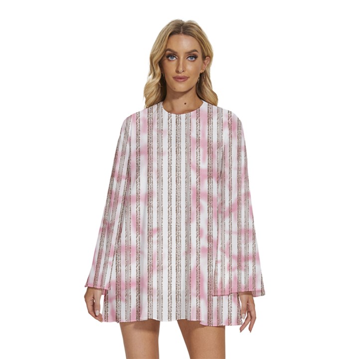 A Pink And White Striped Background Round Neck Long Sleeve Bohemian Style Chiffon Mini Dress