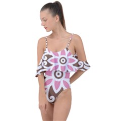 A Pink Flower On A Brown Background Drape Piece Swimsuit by catchydesignhill