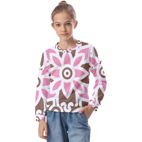 A Pink Flower On A Brown Background Kids  Long Sleeve T-shirt With Frill  by catchydesignhill