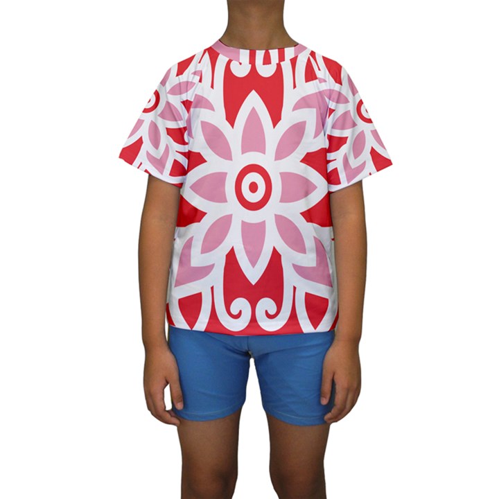 A Red And White Pattern With A Flower On It Kids  Short Sleeve Swimwear