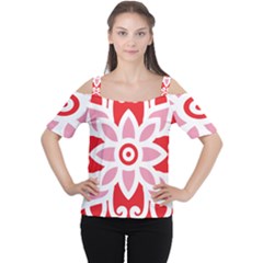 A Red And White Pattern With A Flower On It Cutout Shoulder T-shirt