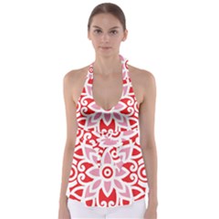 A Red And White Pattern With A Flower On It Tie Back Tankini Top by catchydesignhill