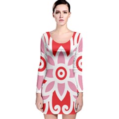 A Red And White Pattern With A Flower On It Long Sleeve Velvet Bodycon Dress