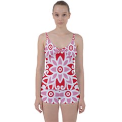 A Red And White Pattern With A Flower On It Tie Front Two Piece Tankini by catchydesignhill