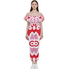 A Red And White Pattern With A Flower On It Bardot Ruffle Jumpsuit by catchydesignhill