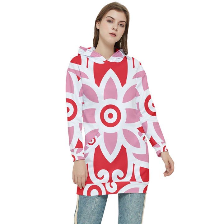 A Red And White Pattern With A Flower On It Women s Long Oversized Pullover Hoodie