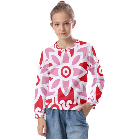 A Red And White Pattern With A Flower On It Kids  Long Sleeve T-shirt With Frill  by catchydesignhill