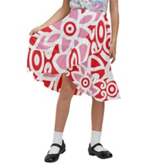 A Red And White Pattern With A Flower On It Kids  Ruffle Flared Wrap Midi Skirt by catchydesignhill