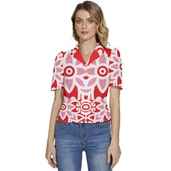 A Red And White Pattern With A Flower On It Puffed Short Sleeve Button Up Jacket