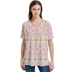 A Pink And White Flower Pattern On A Brown Background V-neck Split Shoulder Casual T-shirt by catchydesignhill