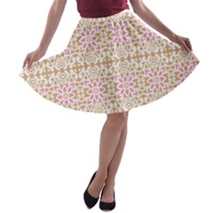 A Pink And White Flower Pattern On A Brown Background A-line Skater Skirt by catchydesignhill