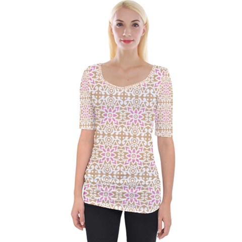 A Pink And White Flower Pattern On A Brown Background Wide Neckline T-shirt by catchydesignhill