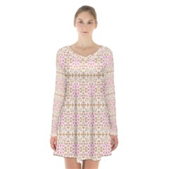 A Pink And White Flower Pattern On A Brown Background Long Sleeve Velvet V-neck Dress