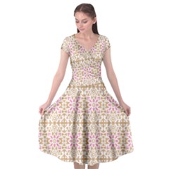 A Pink And White Flower Pattern On A Brown Background Cap Sleeve Wrap Front Dress by catchydesignhill