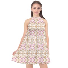 A Pink And White Flower Pattern On A Brown Background Halter Neckline Chiffon Dress  by catchydesignhill