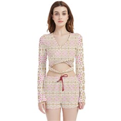 A Pink And White Flower Pattern On A Brown Background Velvet Wrap Crop Top And Shorts Set by catchydesignhill