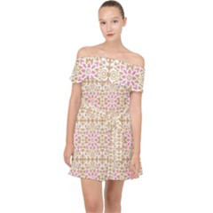 A Pink And White Flower Pattern On A Brown Background Off Shoulder Chiffon Dress by catchydesignhill