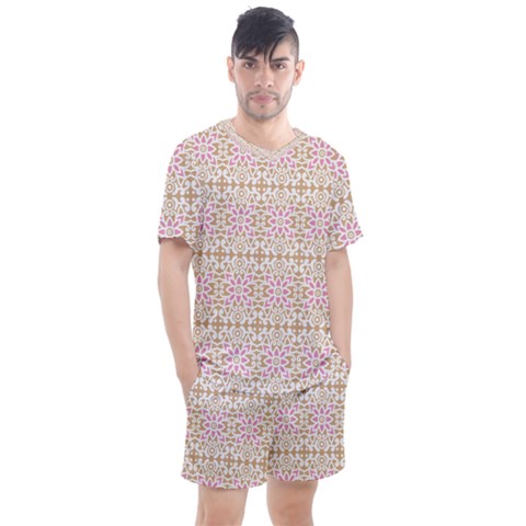 A Pink And White Flower Pattern On A Brown Background Men s Mesh T-shirt And Shorts Set by catchydesignhill