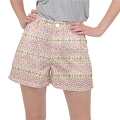 A Pink And White Flower Pattern On A Brown Background Women s Ripstop Shorts by catchydesignhill