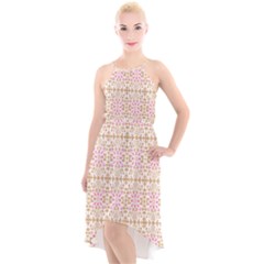 A Pink And White Flower Pattern On A Brown Background High-low Halter Chiffon Dress  by catchydesignhill