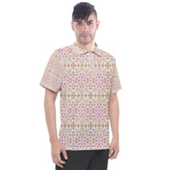 A Pink And White Flower Pattern On A Brown Background Men s Polo T-shirt by catchydesignhill