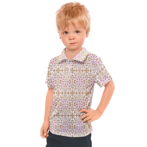 A Pink And White Flower Pattern On A Brown Background Kids  Polo T-shirt by catchydesignhill