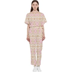 A Pink And White Flower Pattern On A Brown Background Batwing Lightweight Chiffon Jumpsuit by catchydesignhill