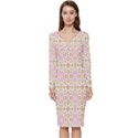 A Pink And White Flower Pattern On A Brown Background Long Sleeve V-Neck Bodycon Dress  View1