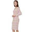 A Pink And White Flower Pattern On A Brown Background Long Sleeve V-Neck Bodycon Dress  View2