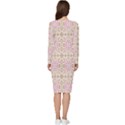 A Pink And White Flower Pattern On A Brown Background Long Sleeve V-Neck Bodycon Dress  View4