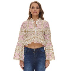 A Pink And White Flower Pattern On A Brown Background Boho Long Bell Sleeve Top