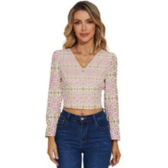 A Pink And White Flower Pattern On A Brown Background Long Sleeve V-neck Top by catchydesignhill