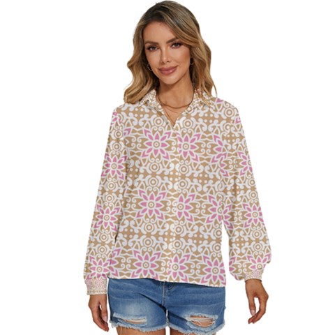 A Pink And White Flower Pattern On A Brown Background Women s Long Sleeve Button Up Shirt by catchydesignhill