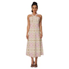 A Pink And White Flower Pattern On A Brown Background Sleeveless Cross Front Cocktail Midi Chiffon Dress by catchydesignhill