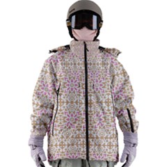 A Pink And White Flower Pattern On A Brown Background Women s Zip Ski And Snowboard Waterproof Breathable Jacket by catchydesignhill