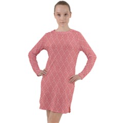 A Red And White Background With A Pattern Long Sleeve Hoodie Dress