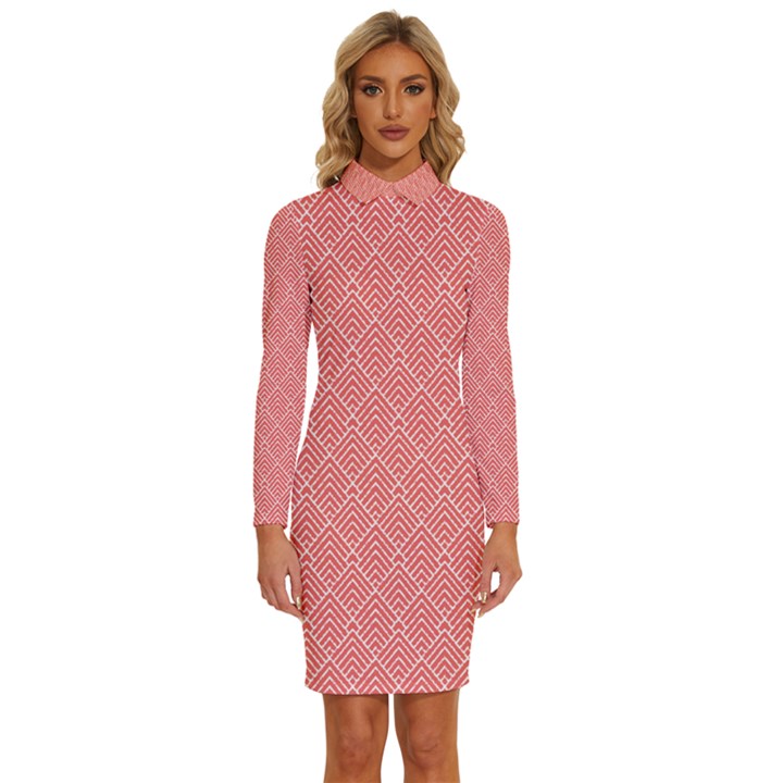 A Red And White Background With A Pattern Long Sleeve Shirt Collar Bodycon Dress