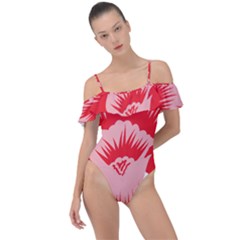 A Red Flower On A Black Background Frill Detail One Piece Swimsuit by catchydesignhill