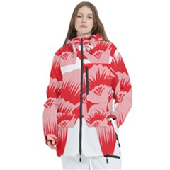 A Red Flower On A Black Background Women s Multi Pockets Zip Ski And Snowboard Waterproof Breathable Jacket