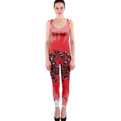 A Red Flower With A Black Center On A Black Background One Piece Catsuit by catchydesignhill