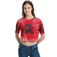 A Red Flower With A Black Center On A Black Background Women s Round Neck Short Sleeve Crop Top by catchydesignhill