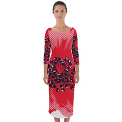 A Red Flower With A Black Center On A Black Background Quarter Sleeve Midi Bodycon Dress by catchydesignhill