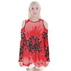 A Red Flower With A Black Center On A Black Background Velvet Long Sleeve Shoulder Cutout Dress