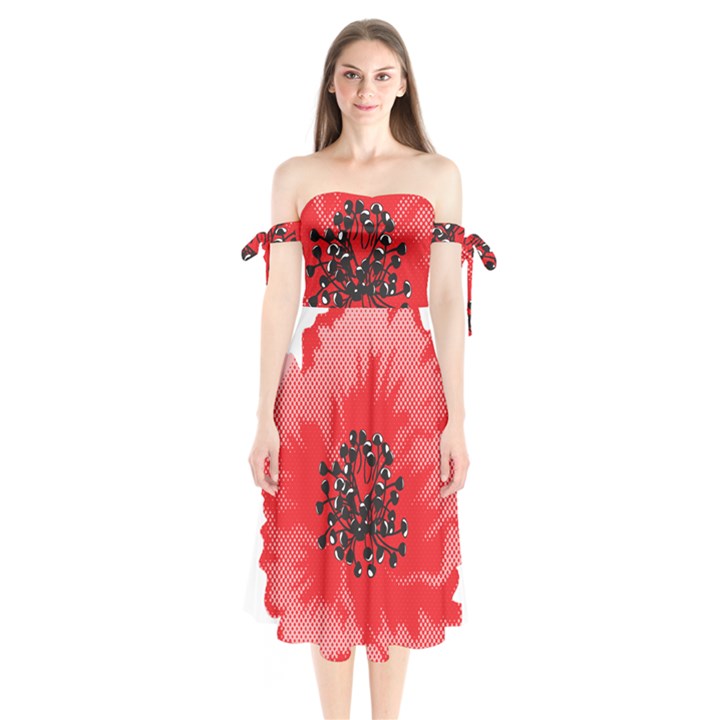 A Red Flower With A Black Center On A Black Background Shoulder Tie Bardot Midi Dress