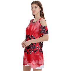 A Red Flower With A Black Center On A Black Background Women s Cold Shoulder Round Neck Mini Dress by catchydesignhill