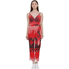 A Red Flower With A Black Center On A Black Background V-neck Camisole Jumpsuit by catchydesignhill